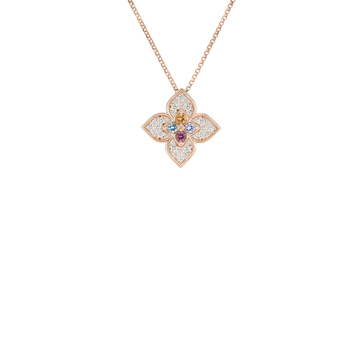 Roberto Coin Jewelry - 18K Rose Gold Venetian Princess Carnival Pave Diamond And Mixed Stones Flower Necklace | Manfredi Jewels
