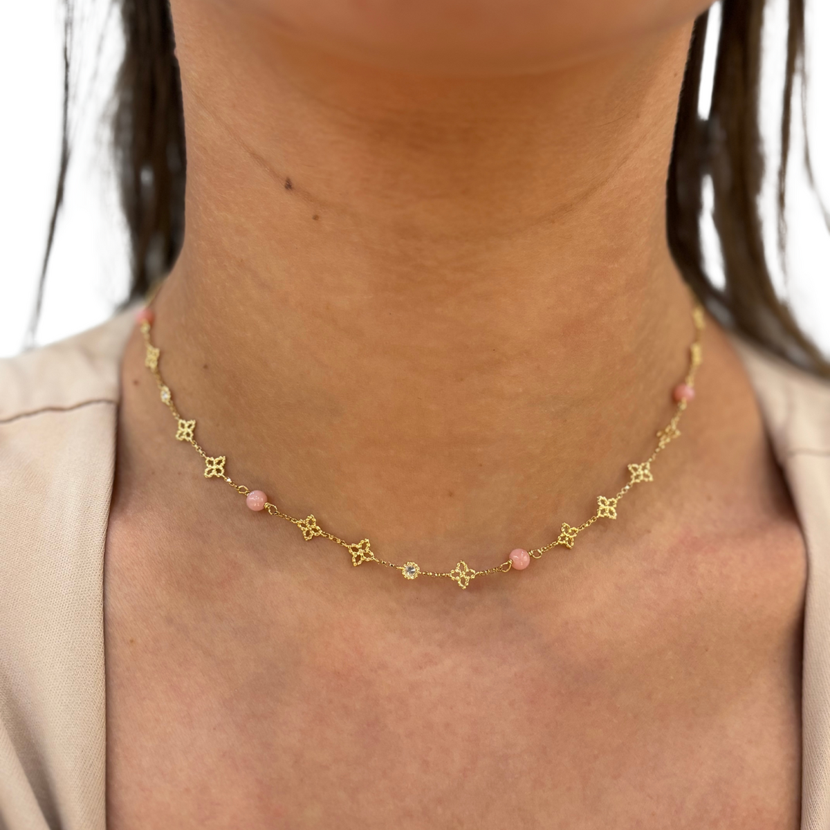 Roberto Coin Jewelry - 18K Yellow Gold Diamond & Pink Opal ’Principessa’ Necklace | Manfredi Jewels