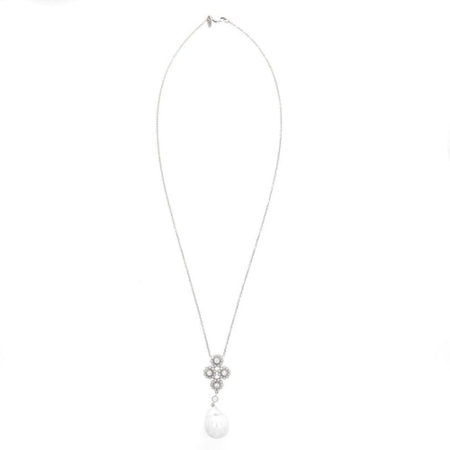 Estate Jewelry - 18K White Gold Floral Diamond and Pearl Pendant Necklace | Manfredi Jewels