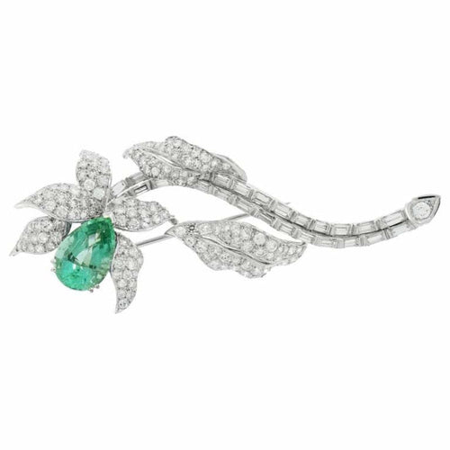Estate Jewelry - Platinum Beryl and Diamond Flower Brooch | Manfredi Jewels