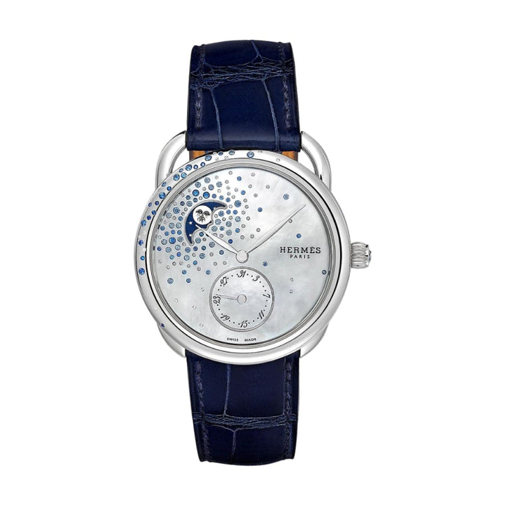 Hermès New Watches - ARCEAU - MOTHER OF PEARL MOON PHASE PETITE LUNE DIAMOND & SAPPHIRE LARGE WATCH | Manfredi Jewels