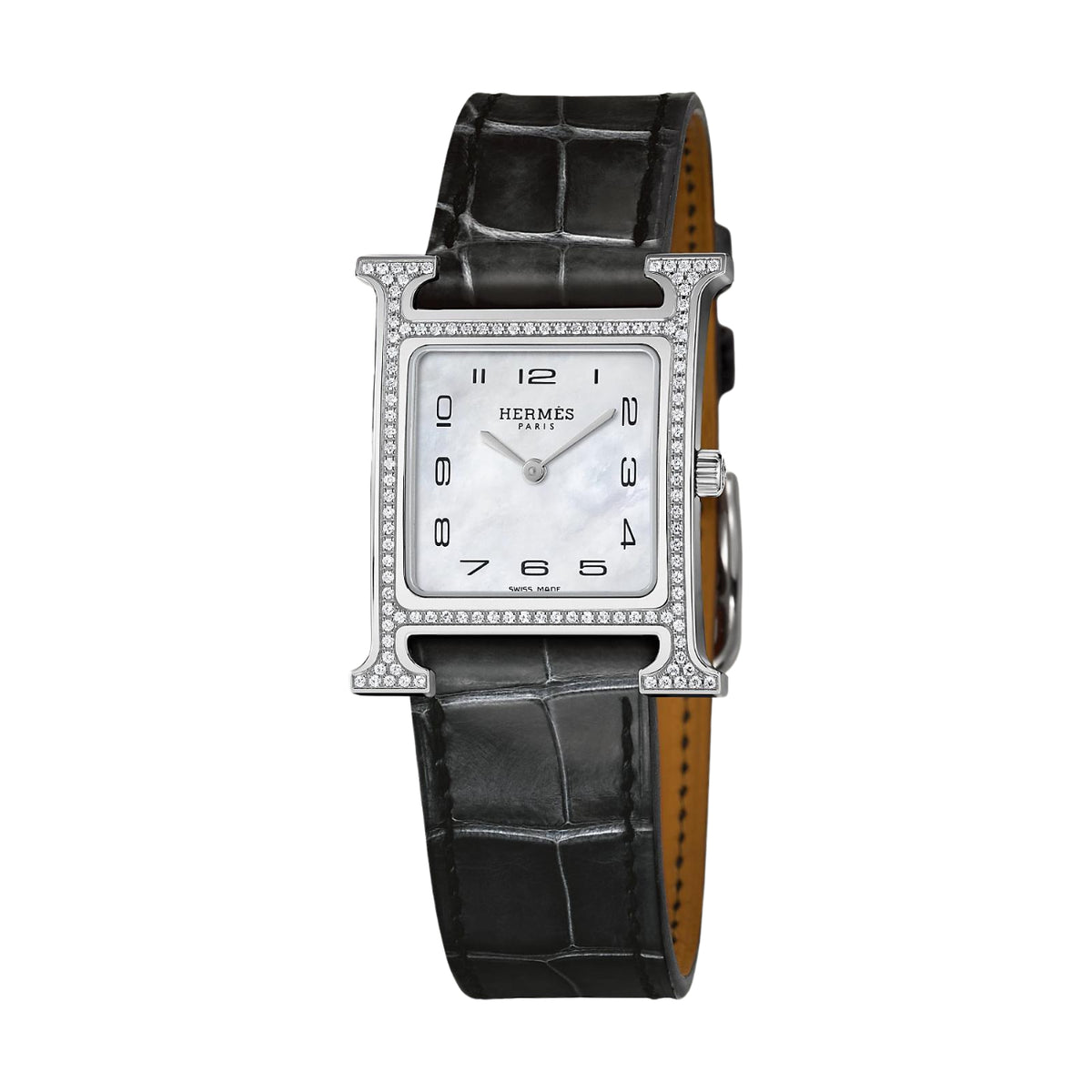 Hermès Watches - HEURE H - MOTHER OF PEARL FEATHER DIAMOND SET MEDIUM WATCH | Manfredi Jewels