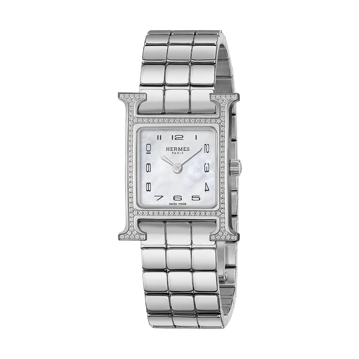 Hermès Watches - HEURE H - MOTHER OF PEARL FEATHER DIAMOND SET SMALL WATCH | Manfredi Jewels