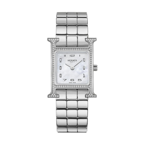 Hermès Watches - HEURE H MOTHER OF PEARL FEATHER DIAMOND SET SMALL WATCH | Manfredi Jewels