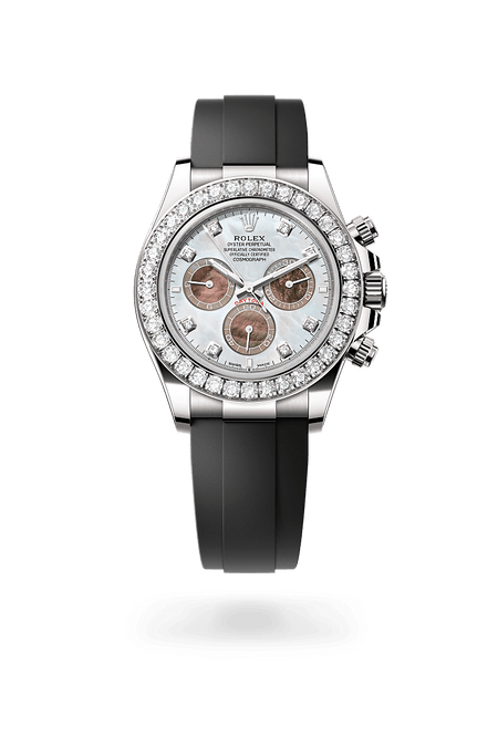 Rolex Cosmograph Daytona in White Gold and White and Black mother-of-Pearl set with Diamonds Dial, M126589rbr-0001| Manfredi Jewels