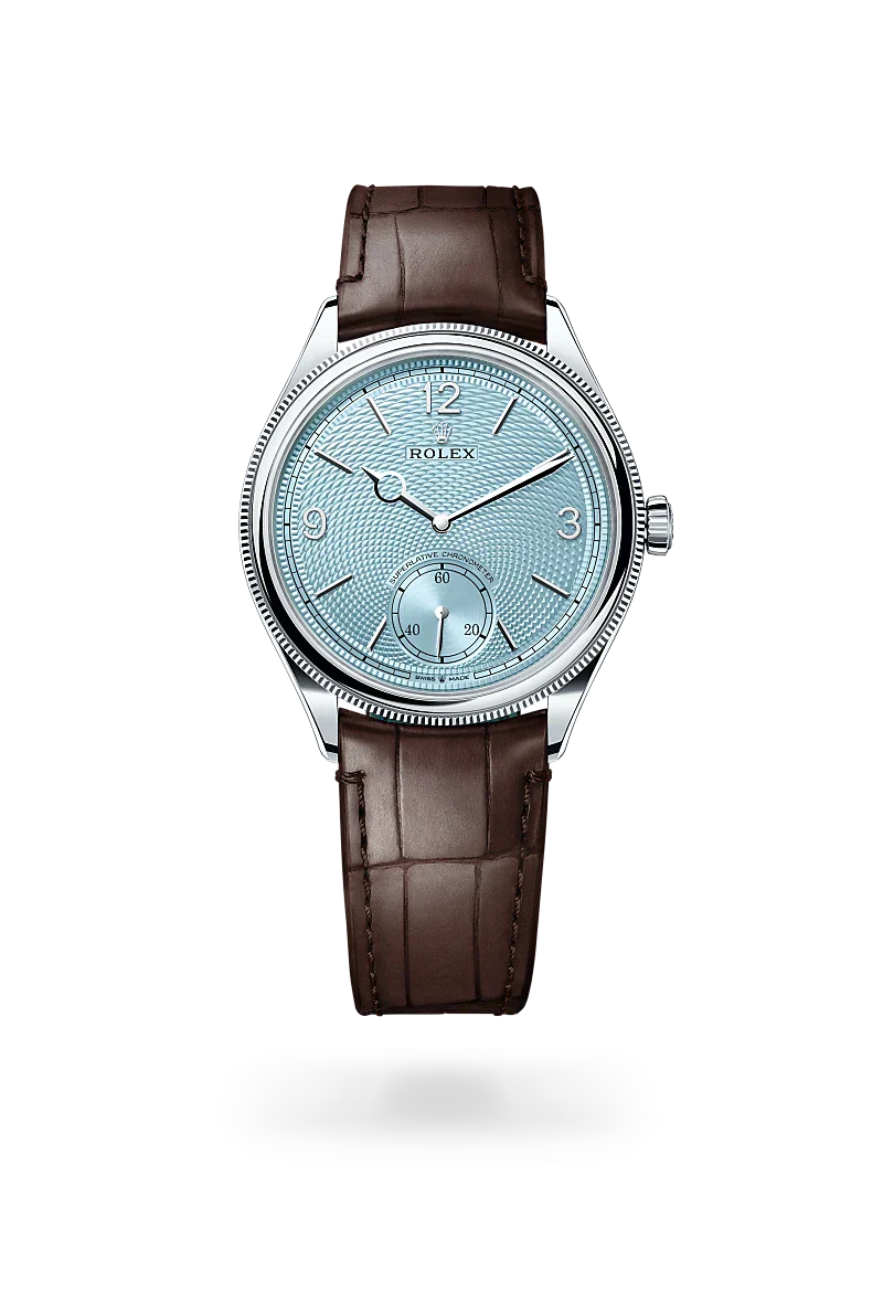 Rolex 1908 in platinum and Ice Blue, rice-Grain motif Dial, M52506-0002 | Manfredi Jewels