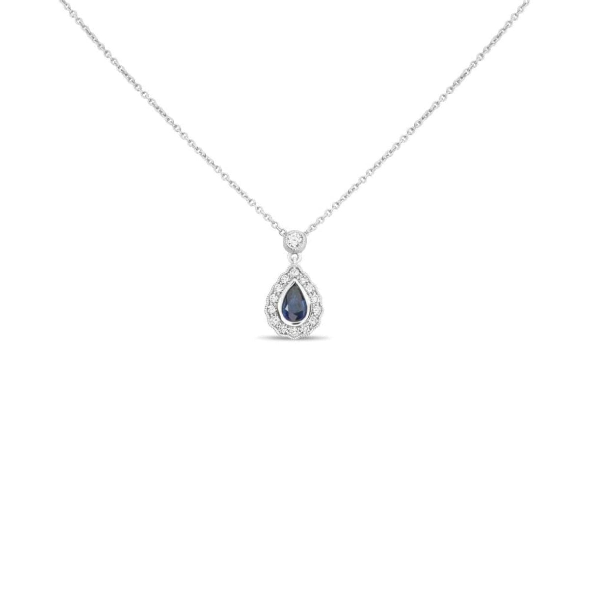 Manfredi Jewels Jewelry - Blue Pear Shaped 18Kt White Gold Sapphire Halo Pendant Necklace | Manfredi Jewels