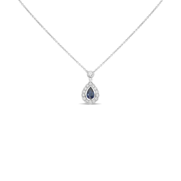 Manfredi Jewels Jewelry - Blue Pear Shaped 18Kt White Gold Sapphire Halo Pendant Necklace | Manfredi Jewels