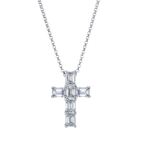 Manfredi Jewels Jewelry - Emerald Cut Platinum 0.55 ct Diamond Cross Pendant Necklace