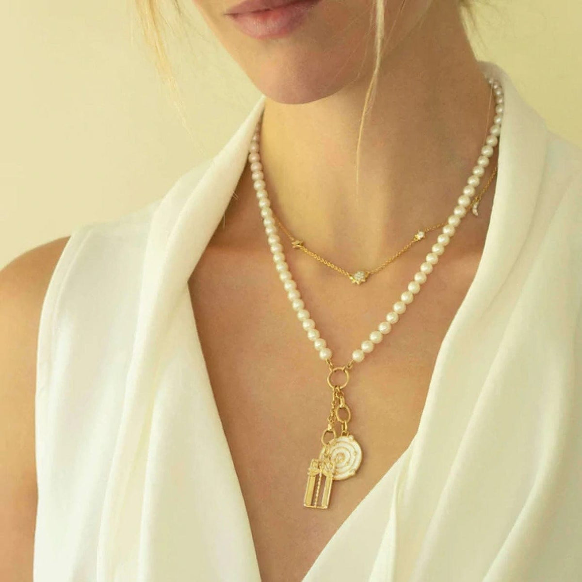 Monica Rich Kosann Jewelry - Design Your Own 18K Yellow Gold Freshwater Pearl 2 Charm Enhancer Stations Chain Necklace | Manfredi Jewels