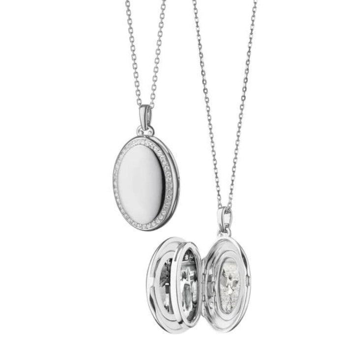 Monica Rich Kosann Jewelry - Mini Sterling Silver Four Image White Sapphire Border Locket Necklace | Manfredi Jewels