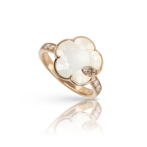 Pasquale Bruni Jewelry - Petit Joli 18K Rose Gold Pearl of the Moon Mother of Pearl & White Moonstone Diamond Flower Ring | Manfredi Jewels
