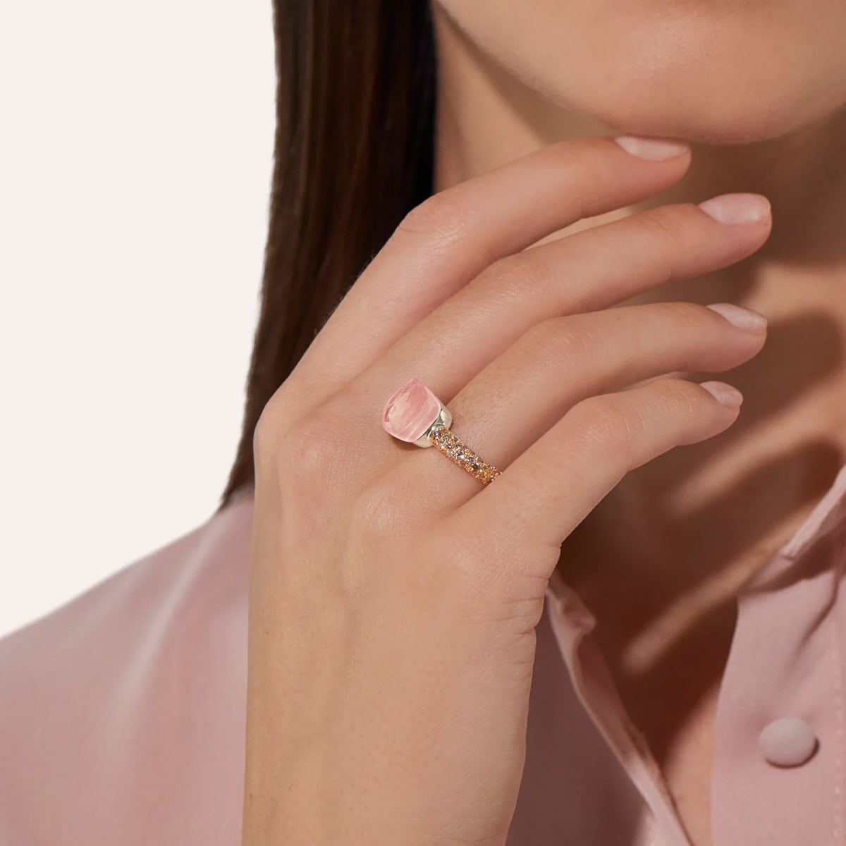 Pomellato Jewelry - Nudo 18K Rose Gold Rose Quartz and Chalcedony with a Brown Diamond Pavé Classic Ring | Manfredi Jewels