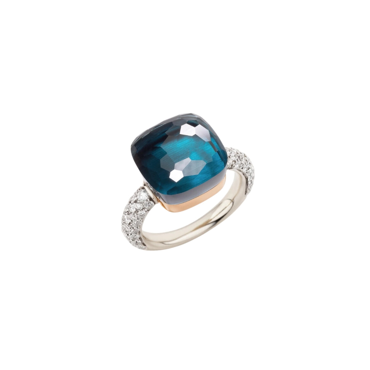 Pomellato Jewelry - Nudo 18K White Gold Sky London Topaz with Diamond Pavé Maxi Ring | Manfredi Jewels