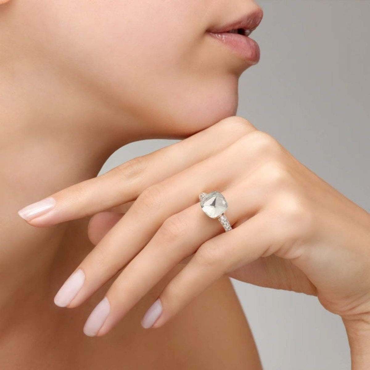 Pomellato Jewelry - Nudo 18K Rose Gold White Topaz and Diamond Classic Ring | Manfredi Jewels