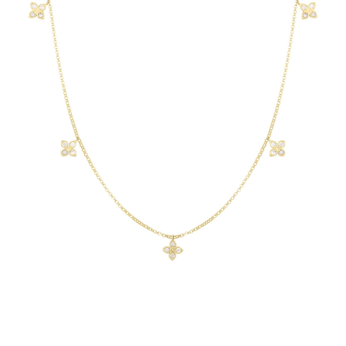 Roberto Coin Jewelry - Diamonds By The Inch 18K Yellow Gold Dangling 5 Station Flower Diamond Necklace | Manfredi Jewels