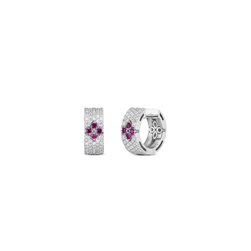Roberto Coin Jewelry - Love In Verona 18K White Gold Pavé Diamond & Ruby Small Hoop Earrings | Manfredi Jewels