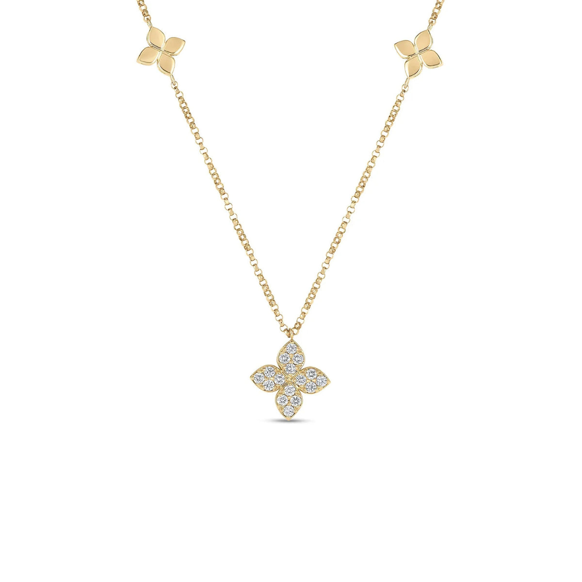 Roberto Coin Jewelry - Love In Verona 18K Yellow Gold Diamond and Polished Flower Station Necklace | Manfredi Jewels