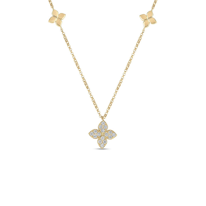 Roberto Coin Jewelry - Love In Verona 18K Yellow Gold Diamond and Polished Flower Station Necklace | Manfredi Jewels