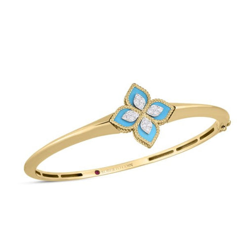 Roberto Coin Jewelry - Princess FLowers 18K Yellow/White Gold Diamond & Turquoise Knife Edge Bangle Bracelet | Manfredi Jewels
