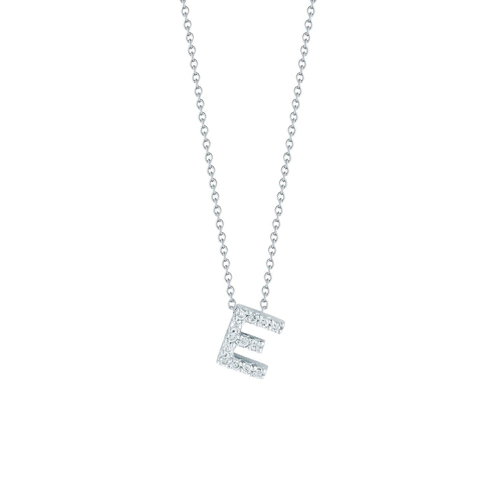 Roberto Coin Jewelry - Tiny Treasures 18K White Gold Diamond Pavé Love Letter “E” Necklace | Manfredi Jewels