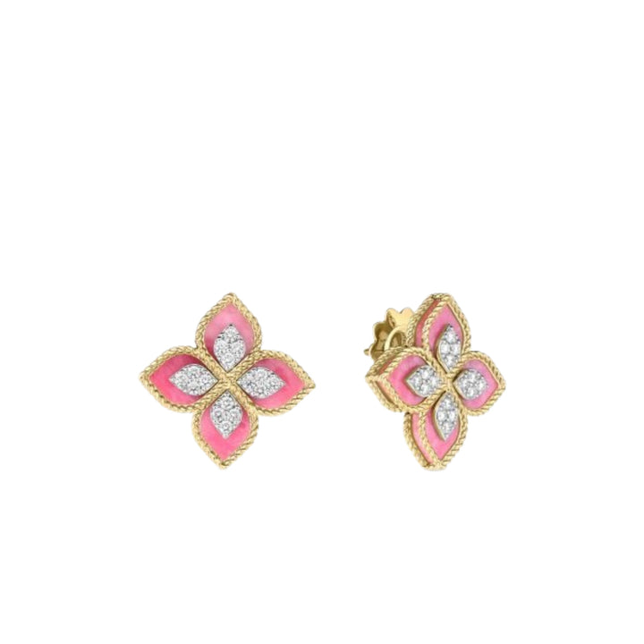 Roberto Coin Jewelry - Venetian Princess 18K Yellow Gold Diamond & Rhodonite Flower Stud Earrings | Manfredi Jewels