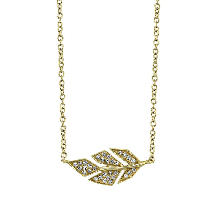 Shy Creation Jewelry - 0.08Ct Diamond Pave Leaf 14K Yellow Gold Necklace | Manfredi Jewels