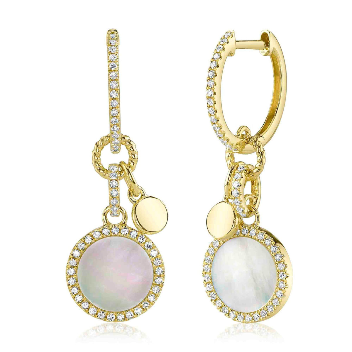 Shy Creation Jewelry - Kate 14K Yellow Gold Mother of Pearl & Diamond Circle Hoop Drop Earrings | Manfredi Jewels
