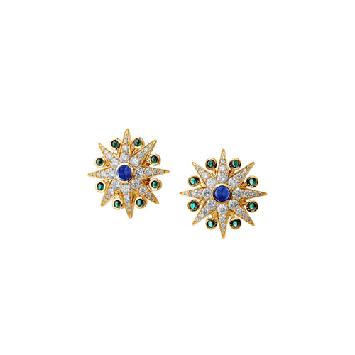 Syna Jewelry - Cosmic 18K Yellow Gold Gemstone Sapphire & Emerald Starburst Diamond Earrings | Manfredi Jewels