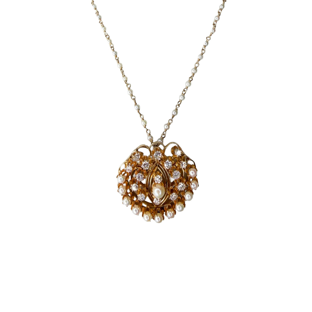 Diamond and White Pearl Pendant/Pin on Pearl-by-the-Yard Chain in Yellow Gold