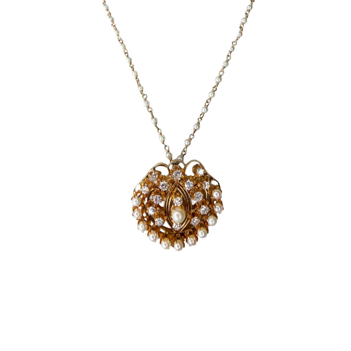 Diamond and White Pearl Pendant/Pin on Pearl-by-the-Yard Chain in Yellow Gold