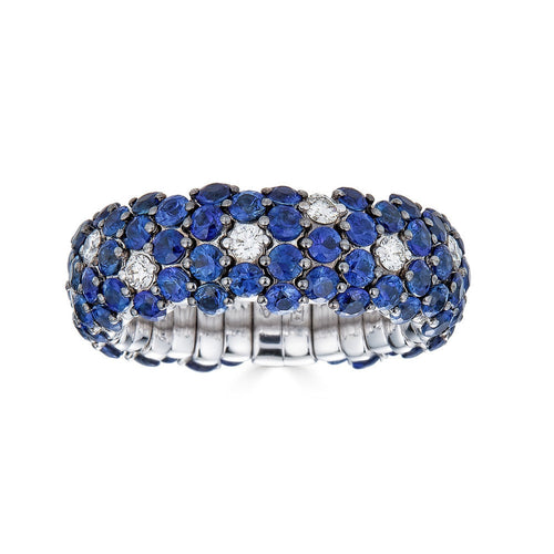 Zydo Italy Jewelry - Blue Sapphire 18K White Gold Domed Diamond Stretch Ring | Manfredi Jewels