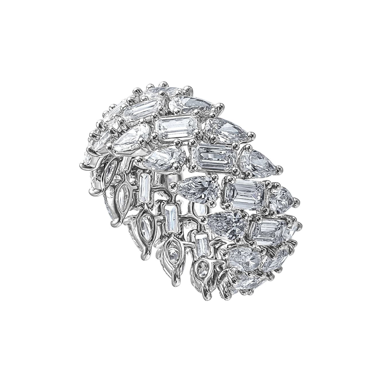 Aarzee Jewelry - 18K White Gold 3 rows of emerald and pear-shaped diamond ring | Manfredi Jewels