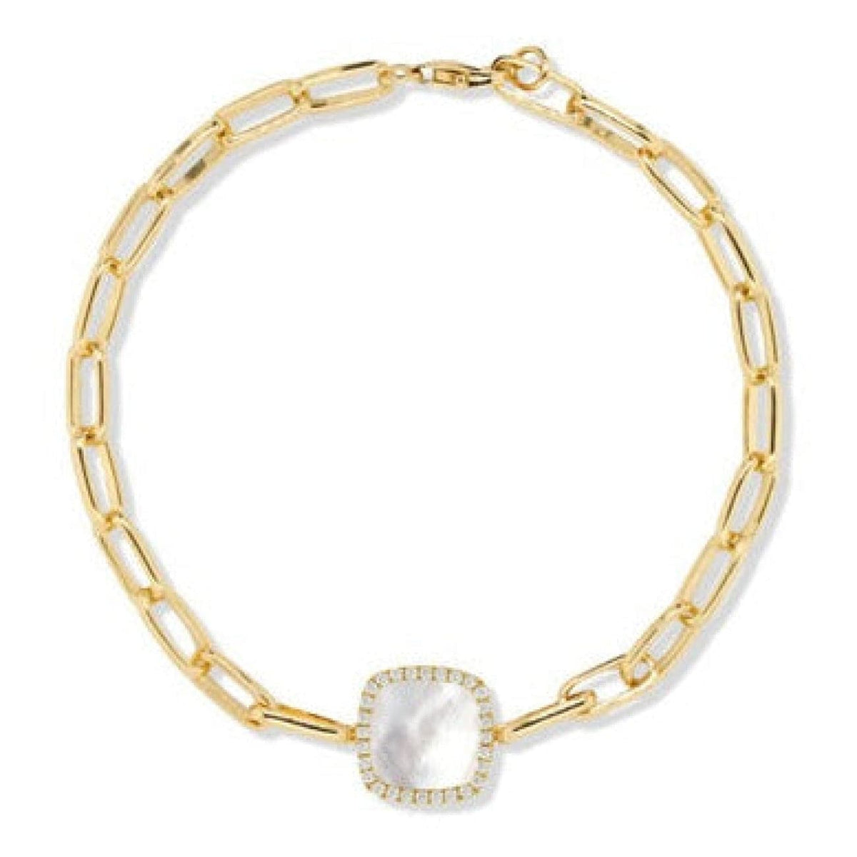 Doves Jewelry - 18K YELLOW GOLD DIAMOND PAPERCLIP BRACELET WITH CLEAR QUARTZ OVER WHITE MOTHER OF PEARL | Manfredi Jewels