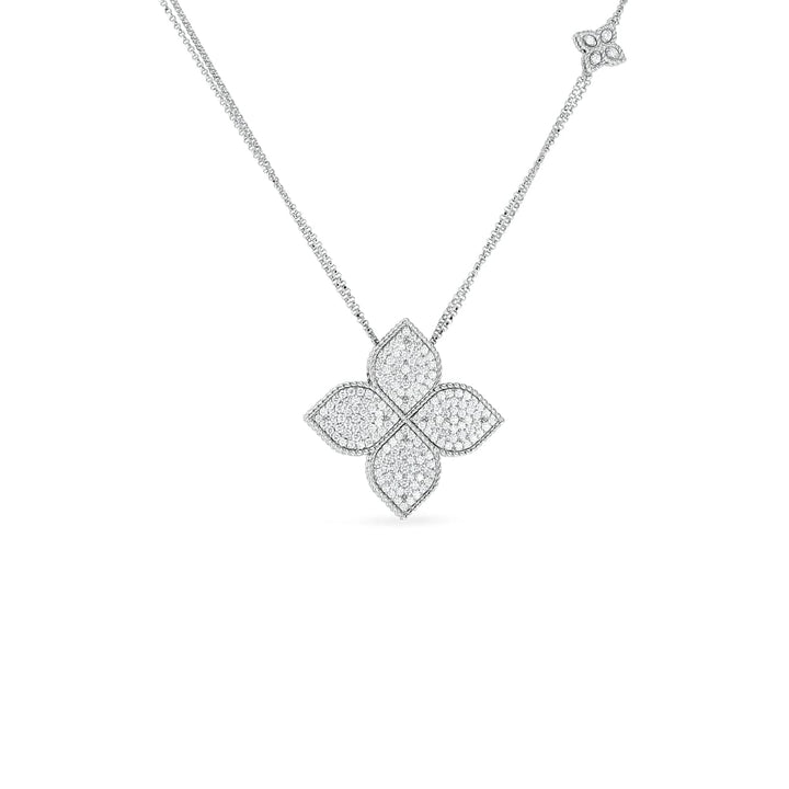 Roberto Coin Jewelry - 18K GOLD & DIAMOND LARGE PRINCESS FLOWER PENDANT ON LONG CHAIN | Manfredi Jewels