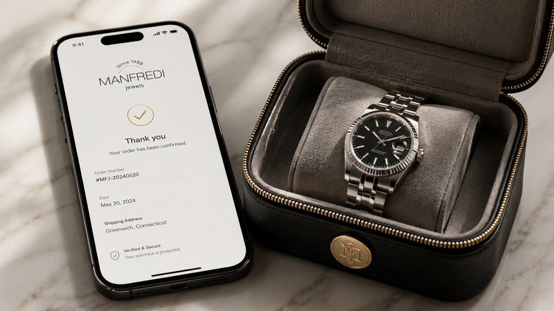 Smartphone order confirmation screen next to luxury watch when buying designer accessories online securely.