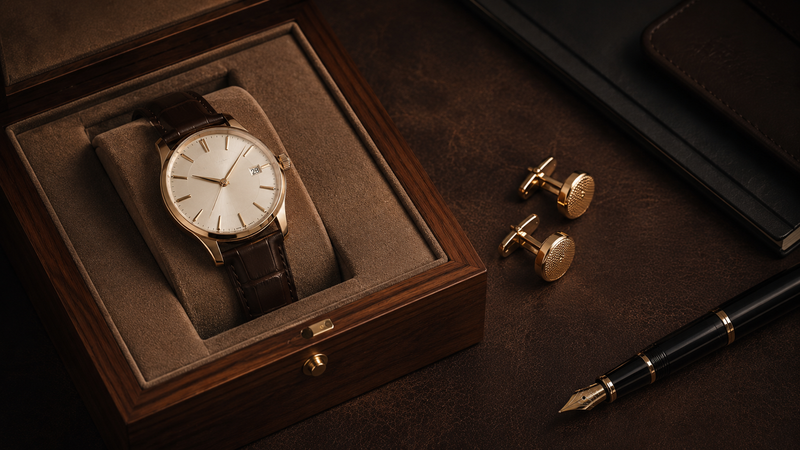 A luxury dress watch with a brown leather strap resting inside an open walnut box next to textured gold cufflinks and a fountain pen, highlighting curated ideas for personalized father's day gifts.