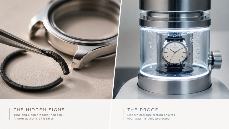 A split-screen visual displaying a technician removing a dried cracked rubber gasket on the left and a watch inside a glowing water pressure test chamber on the right to demonstrate why do quartz watches need servicing for water resistance.