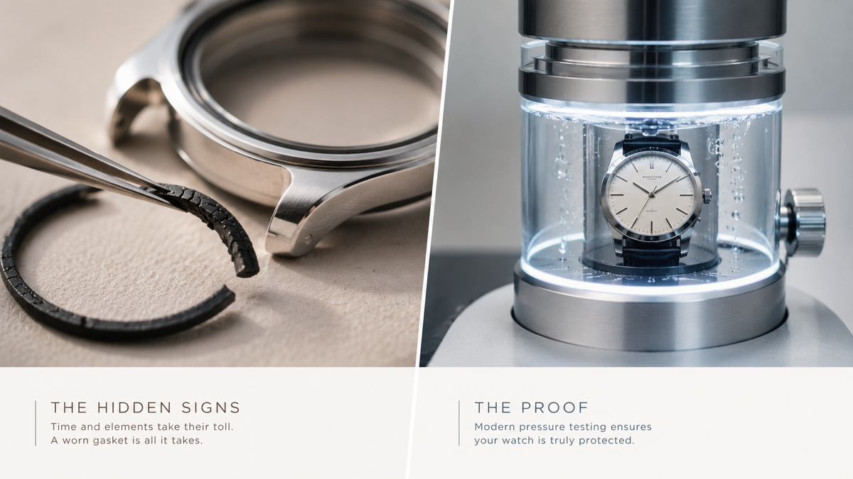 A split-screen visual displaying a technician removing a dried cracked rubber gasket on the left and a watch inside a glowing water pressure test chamber on the right to demonstrate why do quartz watches need servicing for water resistance.