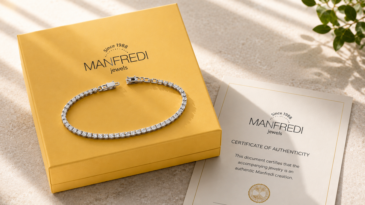 A sparkling diamond tennis bracelet displayed on a signature yellow box with a certificate of authenticity for authentic jewelry from global brands.