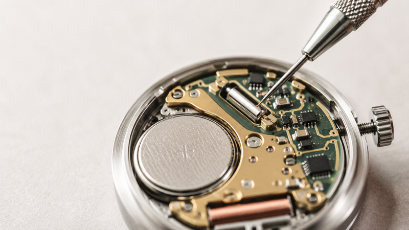 An ultra-macro action shot of a fine steel tool pointing directly to the small metallic cylinder containing the tuning fork oscillator on a circuit board to show how does a quartz watch work core components