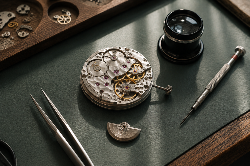 Flat lay of a mechanical watch movement next to precision tweezers, an eyeglass loupe, and a micro screwdriver on a green bench mat.