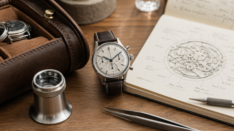 Flat lay of a silver dial chronograph watch alongside a technical movement sketch notebook, watchmaker loupe, and tweezers.