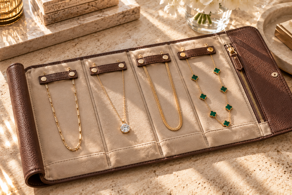 Open leather jewelry roll on travertine stone holding hand-engraved gold, diamond pendant, and station necklaces.