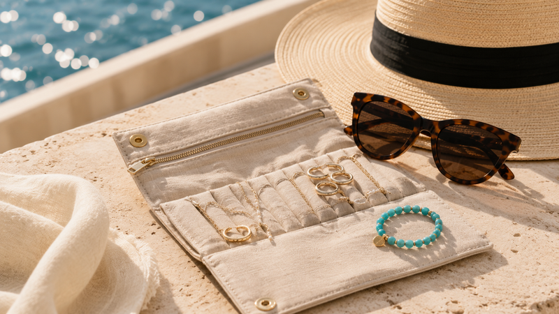 A straw hat, sunglasses, and an open linen travel jewelry roll displaying gold rings and bracelets on a stone terrace ledge, highlighting versatile picks for summer jewelry online.