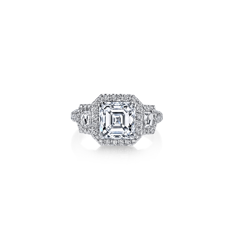 Asscher Cut 3.05ct Platinum Diamond Ring with Cadillac Trapezoid Side Stones