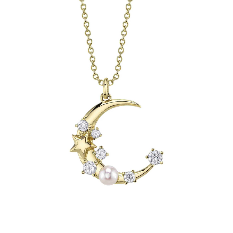 14K Yellow Gold 0.30ct Diamond & Cultured Pearl Crescent Moon & Star Necklace
