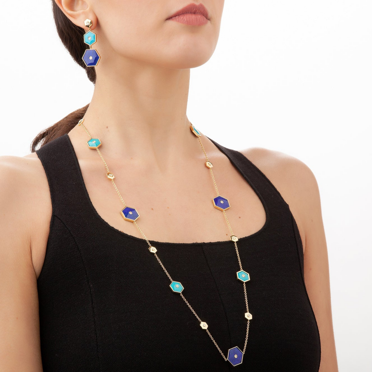 Miseno Jewelry - Baia Sommersa 18K Yellow Gold Lapis & Turquoise Diamonds Long Necklace | Manfredi Jewels