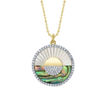 14K Yellow Gold 0.20ct Diamond & 3.06ct Abalone Shell & Mother of Pearl Pave Ribbed Circle Sunrise Sunset Faceted Ball Chain Necklace