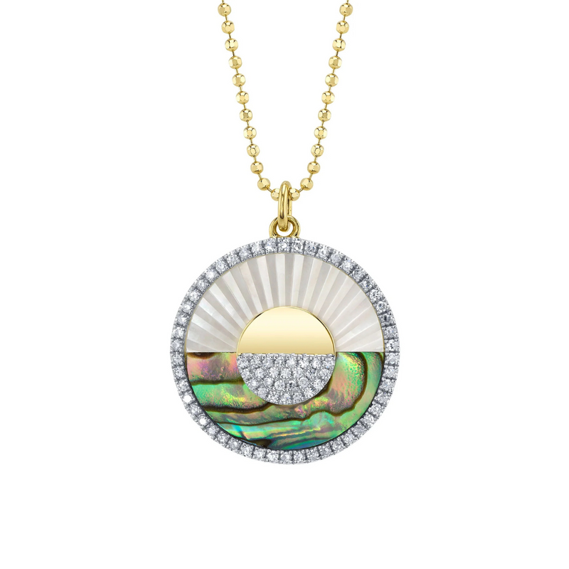 14K Yellow Gold 0.20ct Diamond & 3.06ct Abalone Shell & Mother of Pearl Pave Ribbed Circle Sunrise Sunset Faceted Ball Chain Necklace